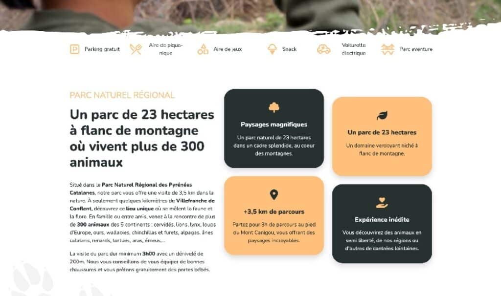 Page web présentant une mise en page épurée de boîtes d'information, d'icônes et d'empreintes de pattes pour un parc régional de montagne.