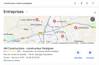 Recherche Google "Constructeur maison Perpignan" : carte, adresses entreprises, AM Constructions mis en avant.