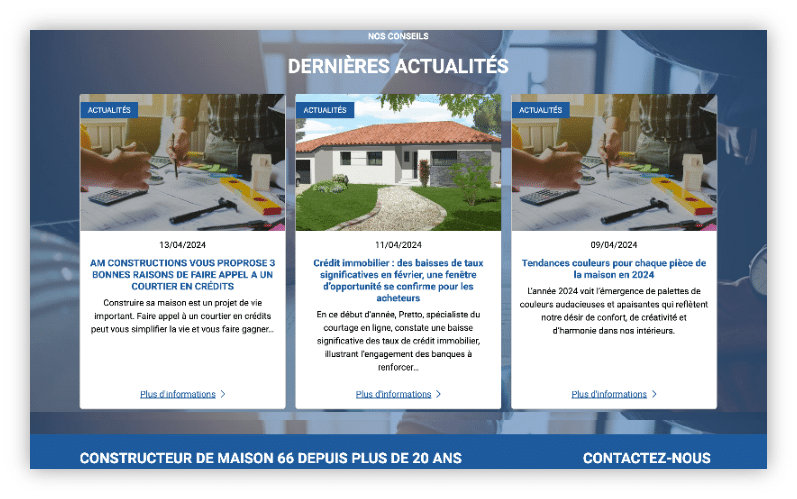 Section "DERNIÈRES ACTUALITÉS" avec trois articles, conseils construction, immobilier, économies d'énergie.