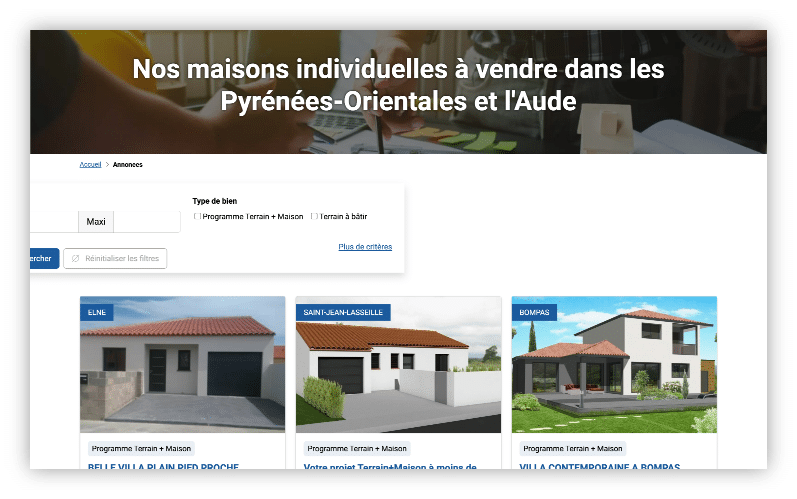 Page immobilière : maisons à vendre, visuels modernes, recherche visible, localisations dans le Sud.
