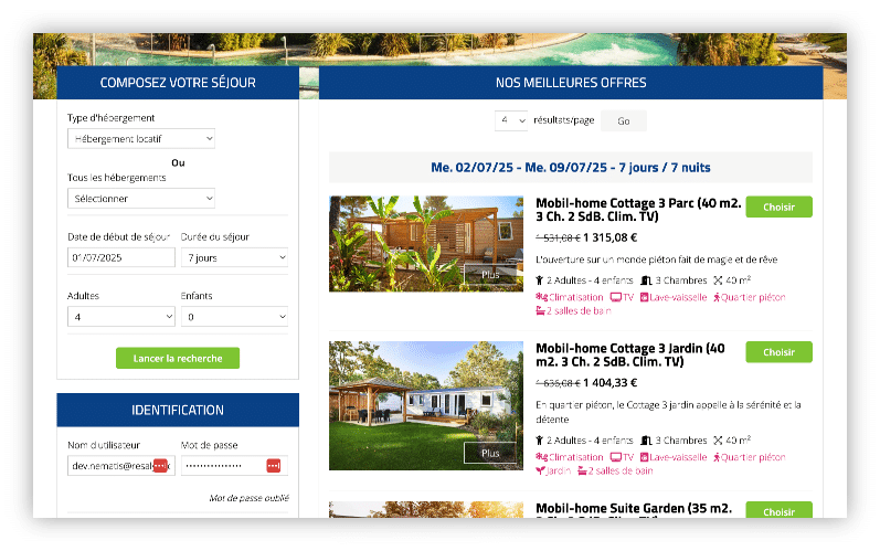 Site de réservation affichant détails du séjour et offres d'hébergements pour optimiser la visibilité en ligne.