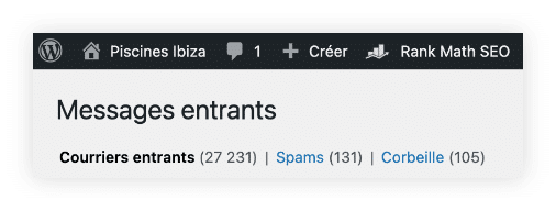Interface WordPress en français affichant la gestion avancée des courriers entrants et outils de pilotage.