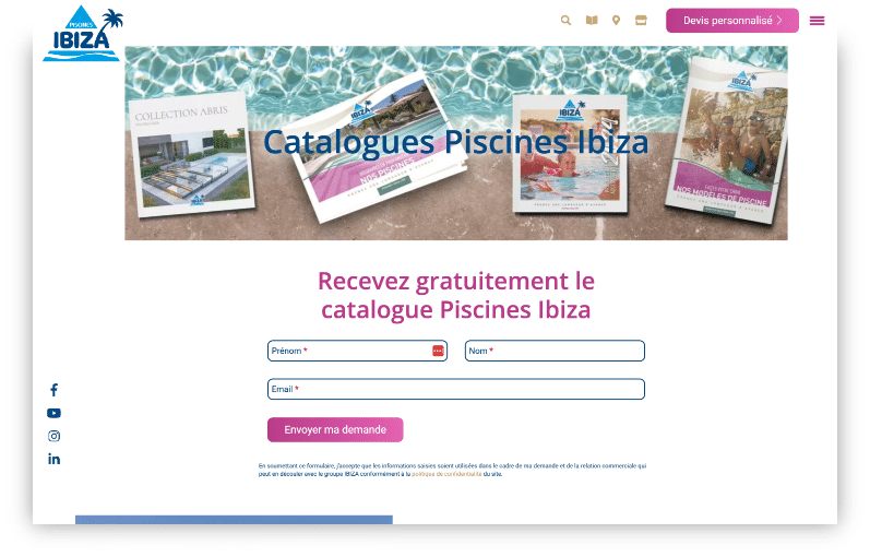 Page web Piscines Ibiza, catalogues et formulaire de demande en français.