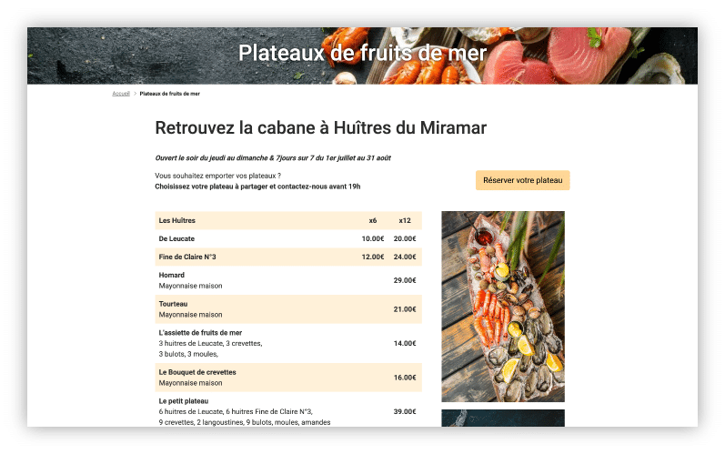 Menu de plateaux de fruits de mer, photo, prix détaillés, bouton "Réserver votre plateau.
