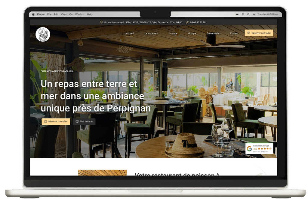 Ordinateur présentant site de restaurant, design authentique, texte en français et options de réservation visibles.