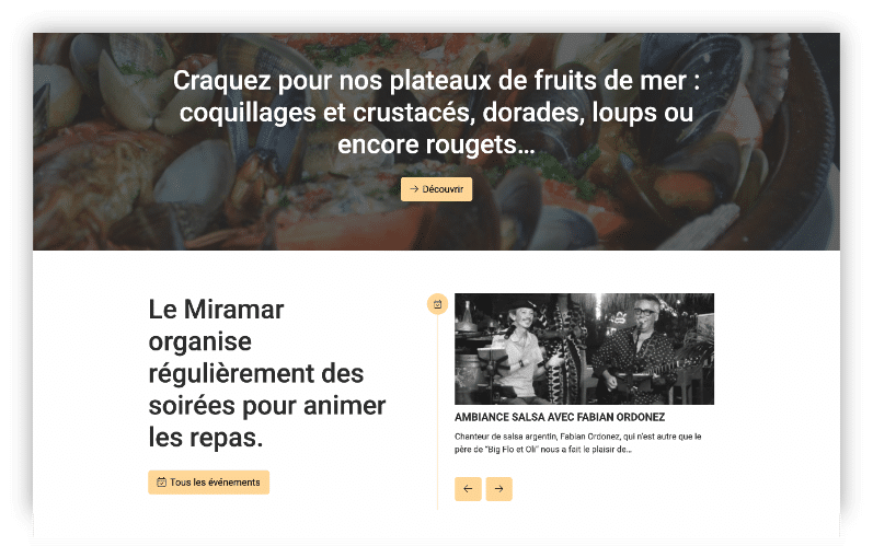 Aperçu du site : plateau de fruits de mer, événements réguliers, photo noir et blanc soirée salsa.