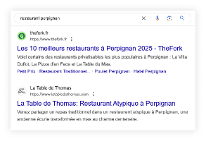 Résultats Google pour "restaurant Perpignan", sites recommandés et descriptifs en français.