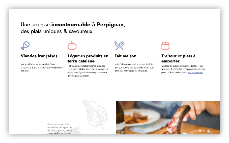 Section web listant viandes françaises, légumes catalans, plats maison et plats à emporter avec icônes.
