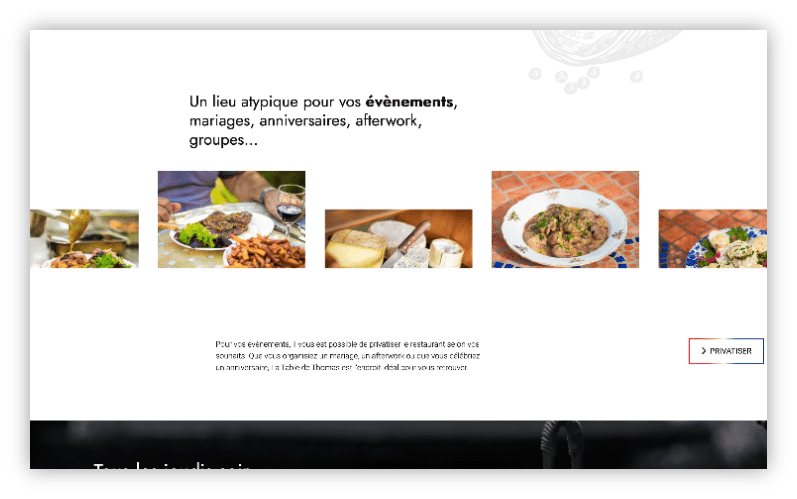 Section événementielle en français, 5 plats présentés, bouton IMPRIMER en bas à droite.