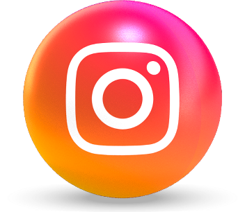 Icône sphérique brillante Instagram sur fond clair, dégradé rose-orange-jaune, ombre discrète dessous.