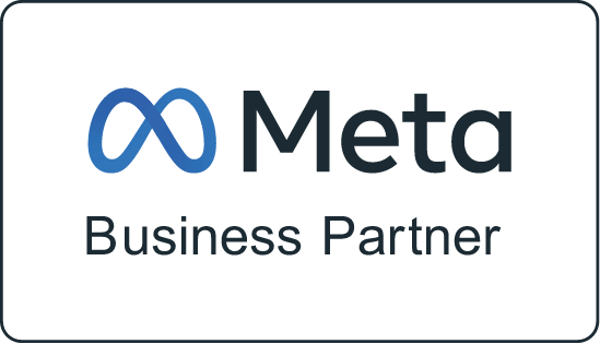 Logo Meta bleu avec "Business Partner", fond blanc, encadrement fin, évoquant confiance et expertise digitale.