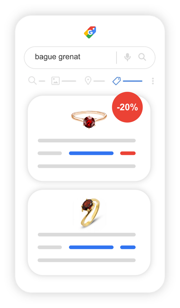 Recherche "bague grenat" sur mobile, deux bagues affichées, badge -20%, barres couleurs et textes simulés.