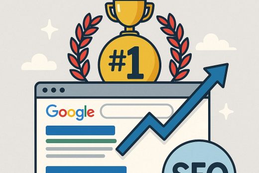 Google, flèche bleue SEO, trophée or #1, performance digitale Nematis.