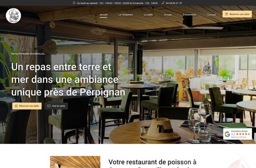 Accueil d'un restaurant moderne, navigation et réservation, expérience près de Perpignan en français.