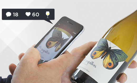 Smartphone analyse une bouteille de vin, application affiche interactions et évaluations sur fond clair.