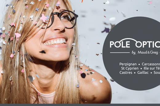 Femme souriante sous confettis, logo "Pole Optical" et villes listées à droite dans un cercle gris.