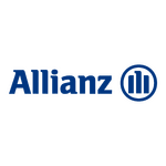 Allianz, lettrage bleu en gras, logo rond bleu évoquant croissance sur fond blanc épuré et professionnel.