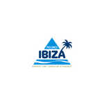 Logo triangulaire, palmier bleu, texte "PISCINES IBIZA", slogan doré sur fond gris clair.