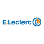 Logo E.Leclerc bleu et orange sur fond gris clair, cercle bleu avec "L" blanc sur fond orange.