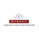 Logo : rectangle rouge " BOURDOUIL ", blason gris, lions, texte bleu " COMPAGNIE VINICOLE DES RIVESALTES ".