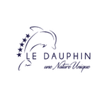 Logo minimaliste : dauphin à gauche, cinq étoiles, "LE DAUPHIN" et slogan bleu sur blanc.