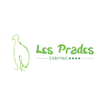 Icône d'oiseau minimaliste à côté de "Les Prades", "CAMPING" en dessous, quatre étoiles vertes, le tout sur fond blanc.
