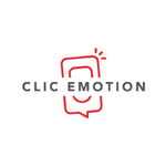 Smartphone rouge, bulle chat, alerte. Texte "CLIC EMOTION" centré sur fond blanc épuré.