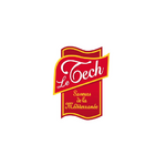 Elégant logo rouge-jaune, "Le Tech" en blanc, style méditerranéen, badge ondulé sur fond clair.
