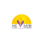 Logo soleil et fleur violette, texte MAS BAZAN, mention "GÎTES - CHAMBRES D'HÔTES" sur fond blanc.