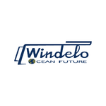 Logo Windelo, script bleu fluide, "OCEAN FUTURE" en majuscules, O orné d'un globe terrestre. Fond blanc.