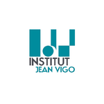Logo moderne : formes géométriques bleu-vert, lettrage "INSTITUT" noir et "JEAN VIGO" turquoise sur fond blanc.