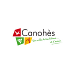 Logo "Canohès" : symboles colorés, oiseau, raisin, arche. Slogan français : traditions et avenir.