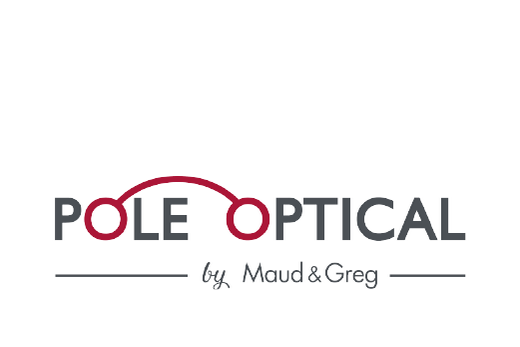 Logo "POLE OPTICAL" en gris, "O" relié rouge façon lunettes, mention cursive dessous sur fond blanc.