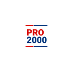 Logo centré "PRO" rouge, "2000" bleu, lignes parallèles, fond blanc.