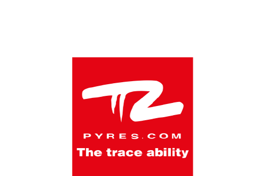 Logo carré rouge, "TZ" en gras blanc, "PYRES.COM" et "The trace ability" en dessous sur fond rouge.
