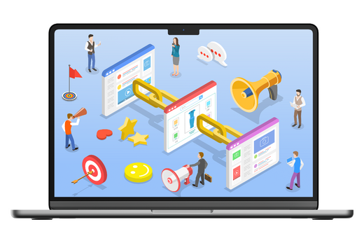 Les icônes de marketing numérique mettent l'accent sur la croissance des entreprises en ligne, en montrant des personnes en train de travailler en réseau via des fenêtres de sites web.