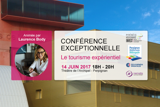 Bannière conférence tourisme, infos et logos sur Théâtre de l'Archipel, Perpignan, 14 juin 2017.