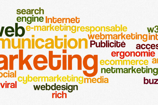 Nuage de mots sur le marketing digital, visibilité web, communication et performance pour les entreprises.
