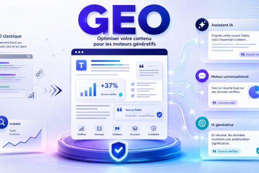 Infographie "GEO" : optimisation digitale, SEO, IA, performances et visibilité pour entreprises.